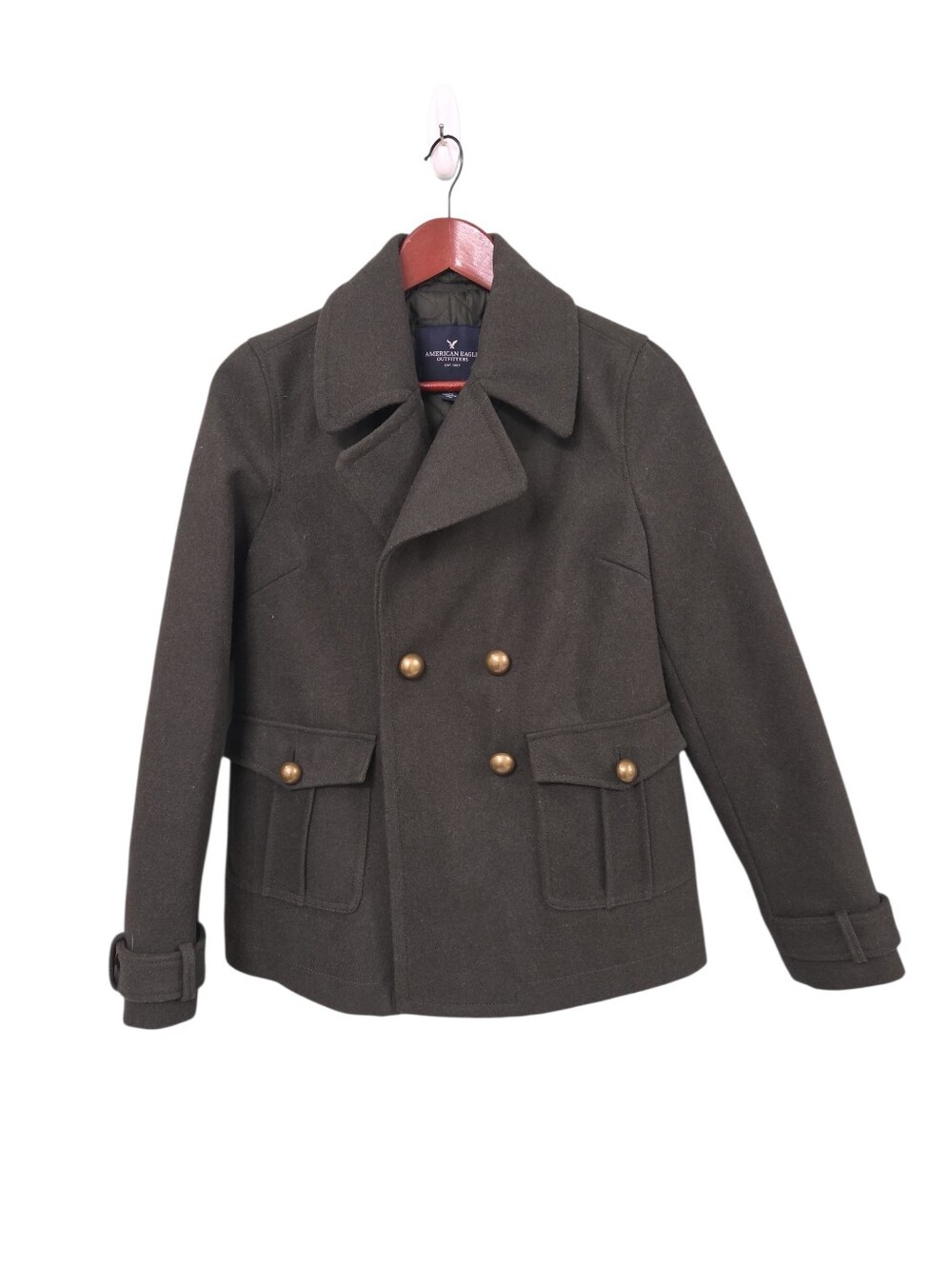 American Eagle Outfitters women's army green peacoat with bronze buttons Sz S‎